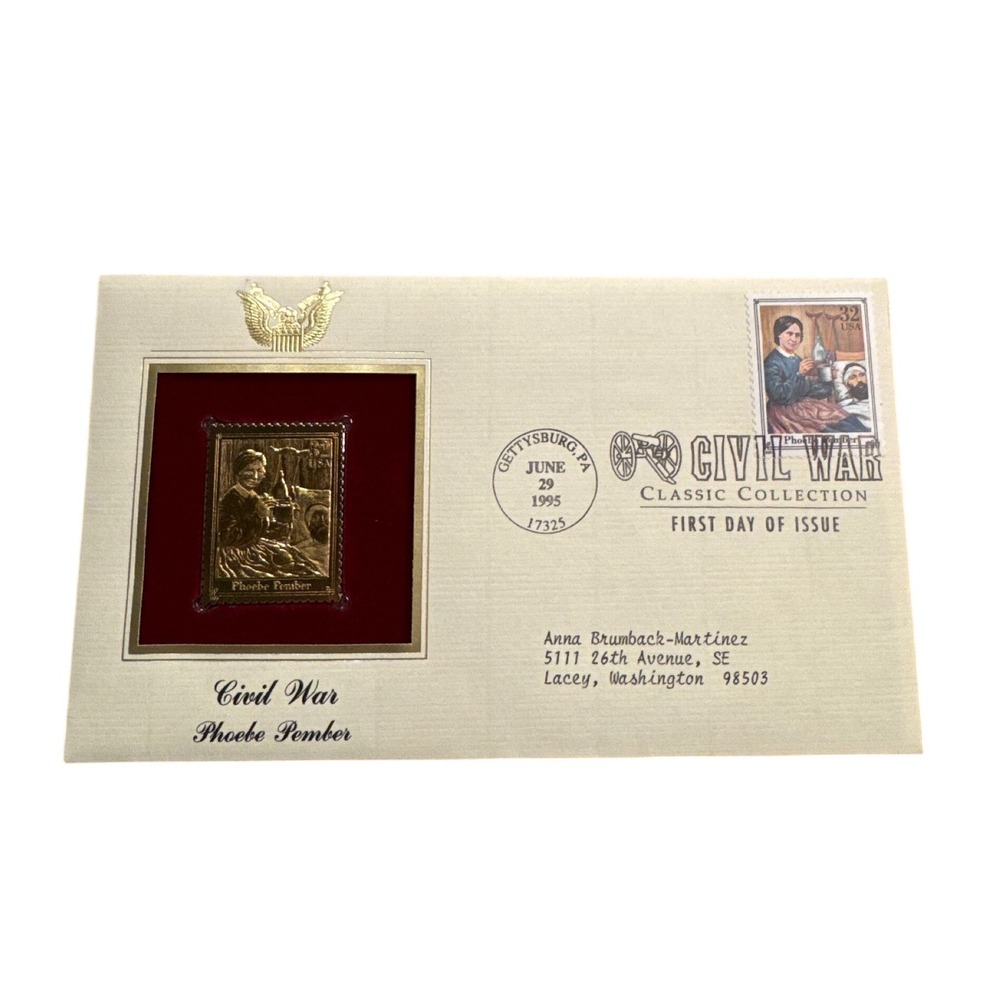 95 Civil War Phoebe Pember First Day Cover 22K Gold Stamp Replica Gettysburg PA